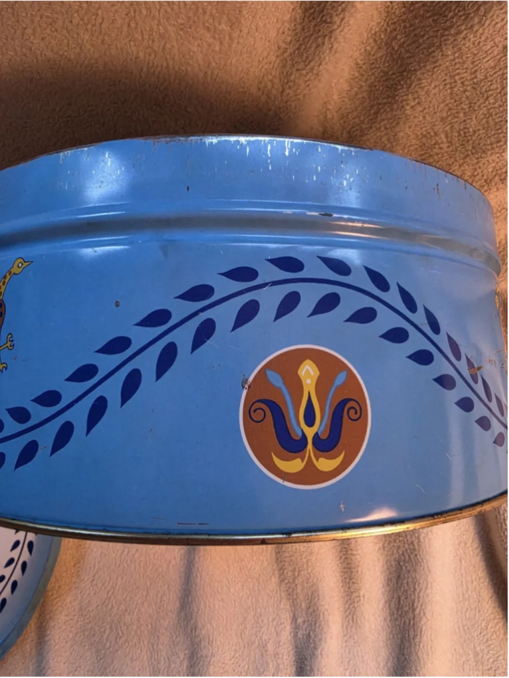 Vintage 1970s Pennsylvania Dutch Blue Metal Cookie Tin Tray Lid Folk Art Amish